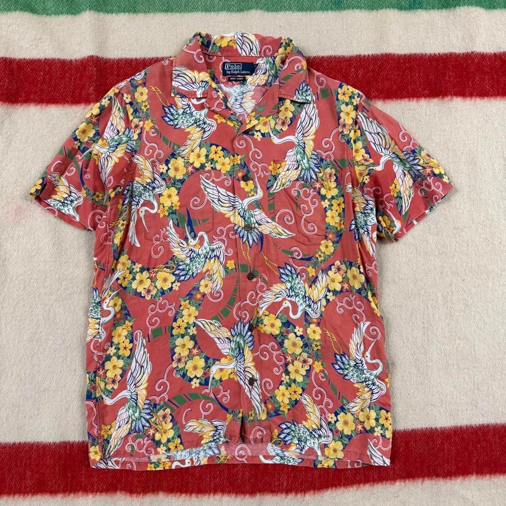 Polo Ralph Lauren Andy Camp Loop Collar Hawaiian Crane Floral Print Shirt M